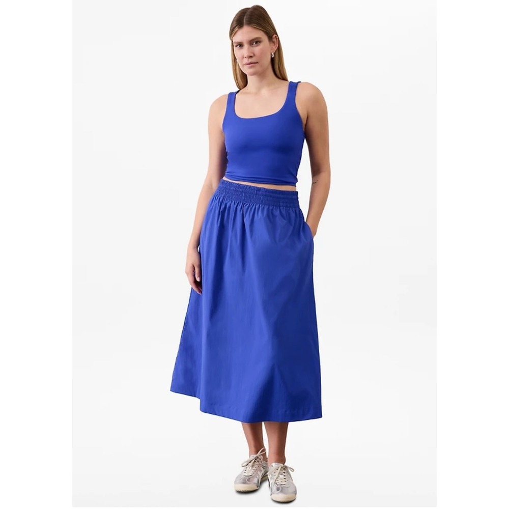 Athleta Skirt Womens XL Blue Midday Mid Rise Midi Poplin Elastic Waist Pockets